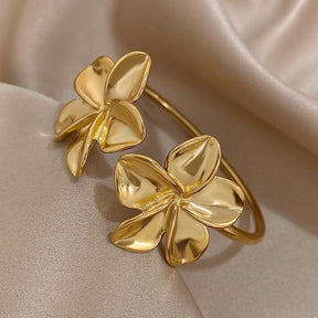 Bracelete de Aço Inoxidável  Dupla Flor  - Bracelete Floral Metal Dourado, à Prova D'Água, Joia para Festa