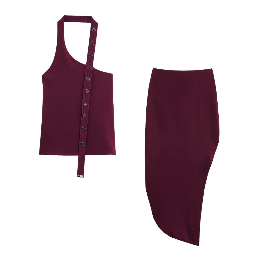 Conjunto Assimétrico Retrô Chic com Top de Amarração e Saia Midi com Fenda – Elegância de Verão em Silhueta Esculpida