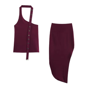 Conjunto Assimétrico Retrô Chic com Top de Amarração e Saia Midi com Fenda – Elegância de Verão em Silhueta Esculpida