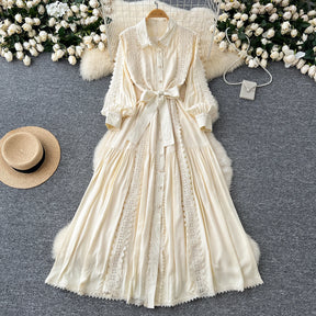Vestido Longo com Renda e Botões Frontais – Modelagem A-line e Cintura Ajustável