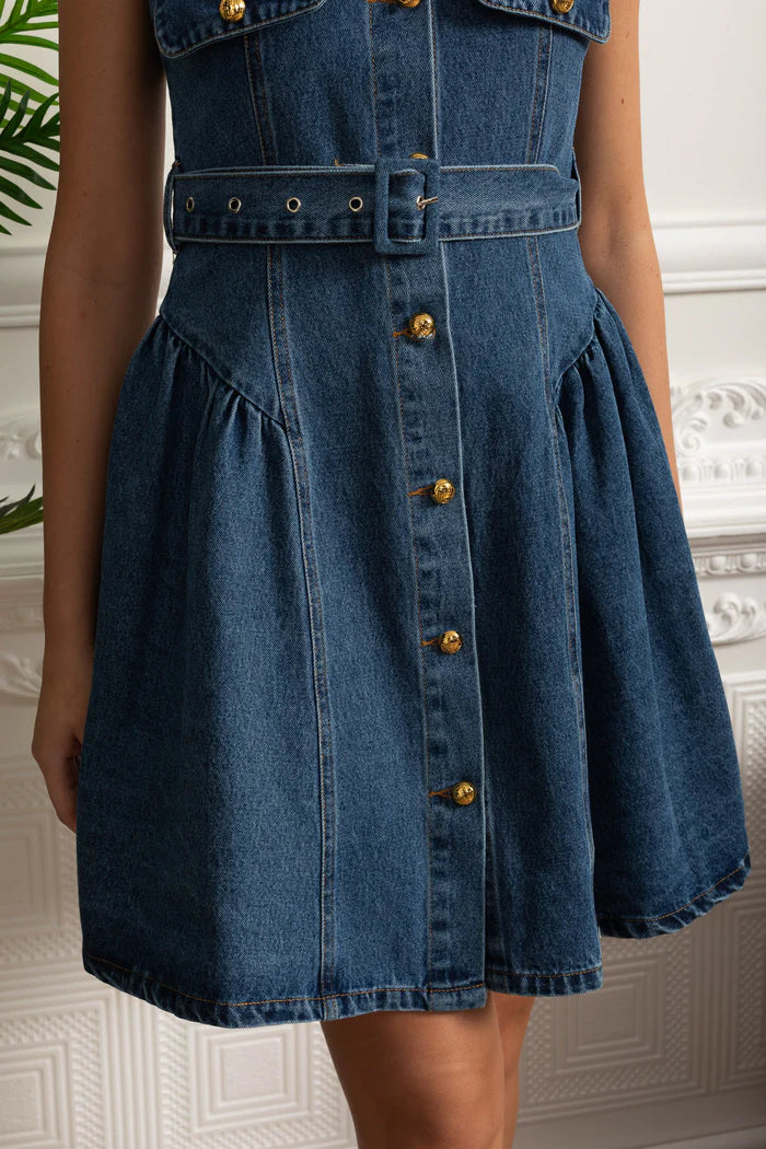 Vestido Feminino – Elegante Slim, Decote Quadrado, Sem Manga, Cintura Alta, Botões Decorativos, Estilo Sofisticado