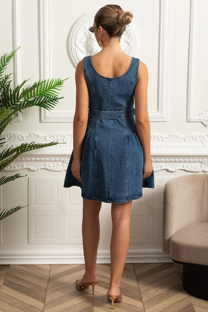 Vestido Feminino – Elegante Slim, Decote Quadrado, Sem Manga, Cintura Alta, Botões Decorativos, Estilo Sofisticado