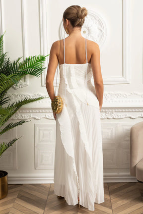 Vestido Sexy Assimétrico e Decote nas Costas – Sem Mangas, Com Babados, Cintura Alta e Modelagem Slim
