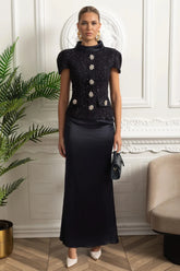 Vestido Longo – Maxi Luxo, Cristal e Cetim Tweed, Azul