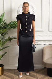 Vestido Longo – Maxi Luxo, Cristal e Cetim Tweed, Azul