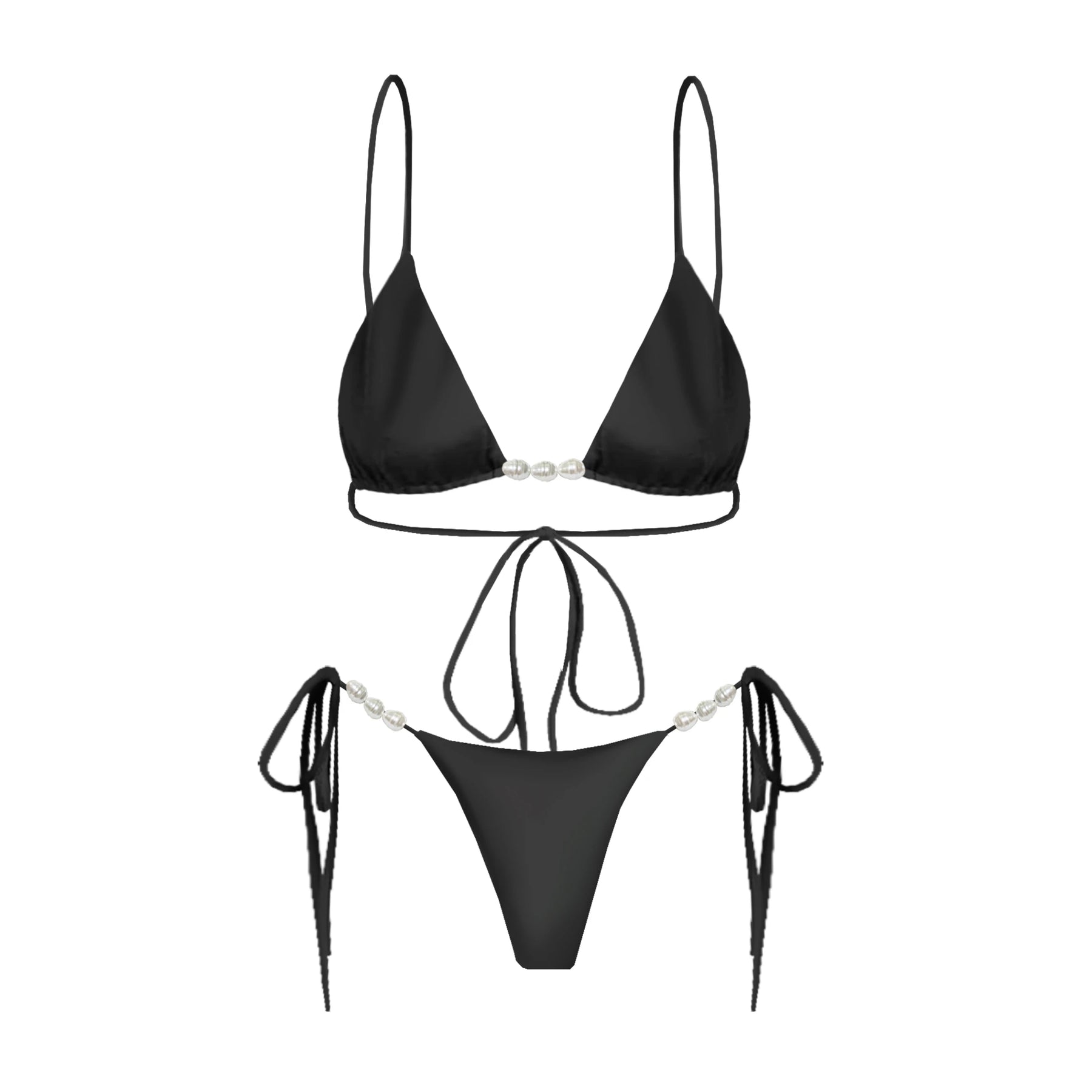 Conjunto Luxuoso com Pérolas – Biquíni Halter 3 Peças com Saída Ombro a Ombro