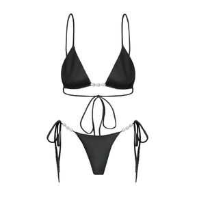 Conjunto Luxuoso com Pérolas – Biquíni Halter 3 Peças com Saída Ombro a Ombro