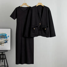 onjunto Executivo Feminino – Tricô Elegante com Casaco Longo e Saia