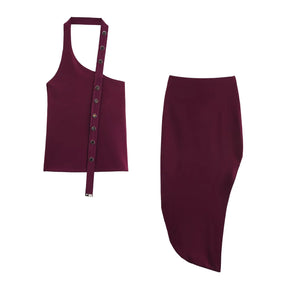 Conjunto Assimétrico Retrô Chic com Top de Amarração e Saia Midi com Fenda – Elegância de Verão em Silhueta Esculpida