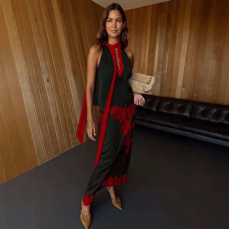 Conjunto Luxo com Renda Contrastada e Saia Longa – Elegância Atemporal