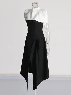 Vestido Longo Bicolor com Decote Reto – Cintura Alta e Saia Plissada em Silhueta Escultural
