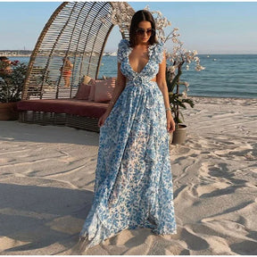 Vestido Longo Feminino Estampado com Babados
