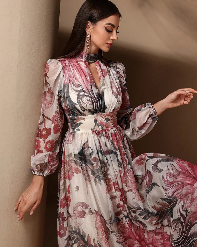 Vestido Longo Floral – Recortes Sofisticados, Manga Longa e Amarração nas Costas