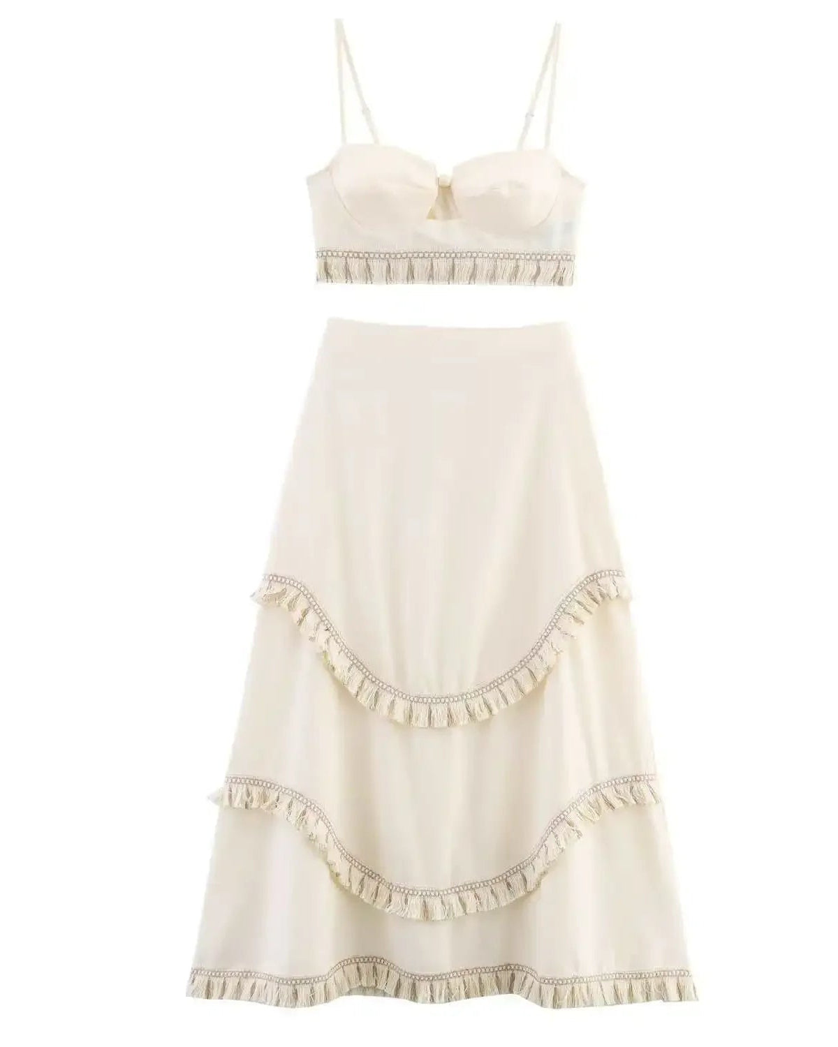 Conjunto Linho - Saia Midi de Cintura Alta e Top com Alças Finas