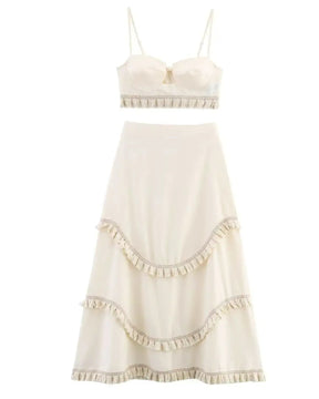 Conjunto Linho - Saia Midi de Cintura Alta e Top com Alças Finas