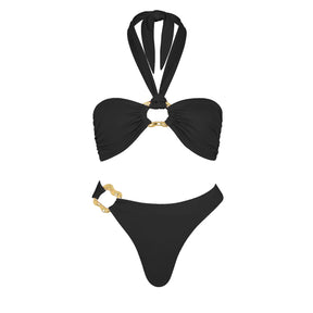 Conjunto Luxuoso com Pérolas – Biquíni Halter 3 Peças com Saída Ombro a Ombro