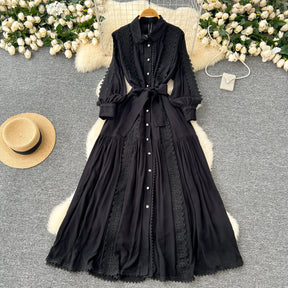 Vestido Longo com Renda e Botões Frontais – Modelagem A-line e Cintura Ajustável