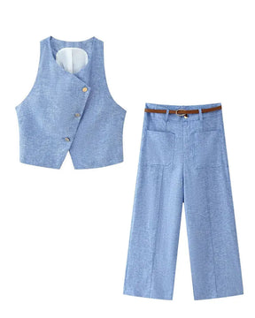 Conjunto – Colete Sem Mangas com Botões + Calça Reta com Cinto, Look Casual Chic 2 Peças
