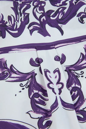 Vestido– Estampa Vintage, Gola Lapela, Cintura com Laço, Elegante, A-Line Slim, Roxo