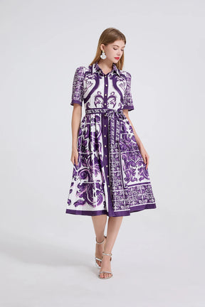 Vestido– Estampa Vintage, Gola Lapela, Cintura com Laço, Elegante, A-Line Slim, Roxo