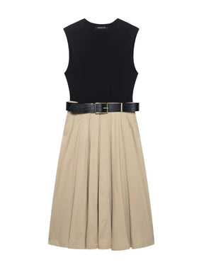 Vestido com Cinto + Saia Midi Plissada, Cintura Alta, Decote Redondo