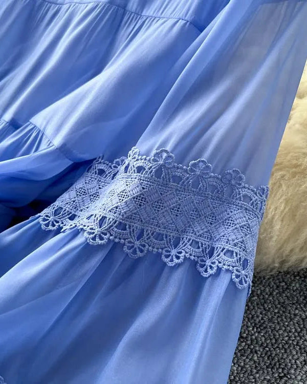 Vestido Renda Longo com Manga Bufante – Renda Delicada e Faixa Ajustável