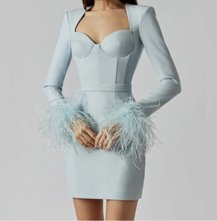 Vestido de Manga Longa com Plumas – Elegância e Sensualidade