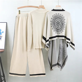 Conjunto Feminino 3 Peças em Tricô – Blusa, Pashmina e Calça Pantalona Cintura Alta