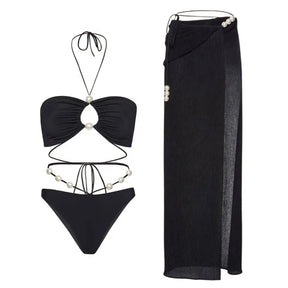 Conjunto Luxuoso com Pérolas – Biquíni Halter 3 Peças com Saída Ombro a Ombro