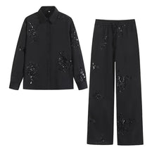 Conjunto de Camisa Bordada à Mão com Paetês e Calça de Cetim – Sofisticação em Cada Detalhe