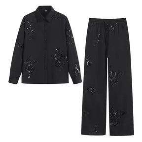 Conjunto de Camisa Bordada à Mão com Paetês e Calça de Cetim – Sofisticação em Cada Detalhe