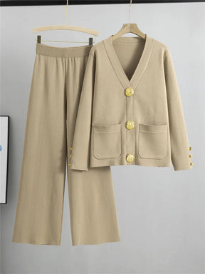 Conjunto Feminino Elegante em Tricô – Cardigan de Botões e Calça de Cintura Alta com Perna Larga
