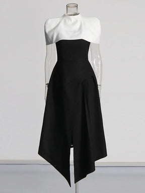 Vestido Longo Bicolor com Decote Reto – Cintura Alta e Saia Plissada em Silhueta Escultural