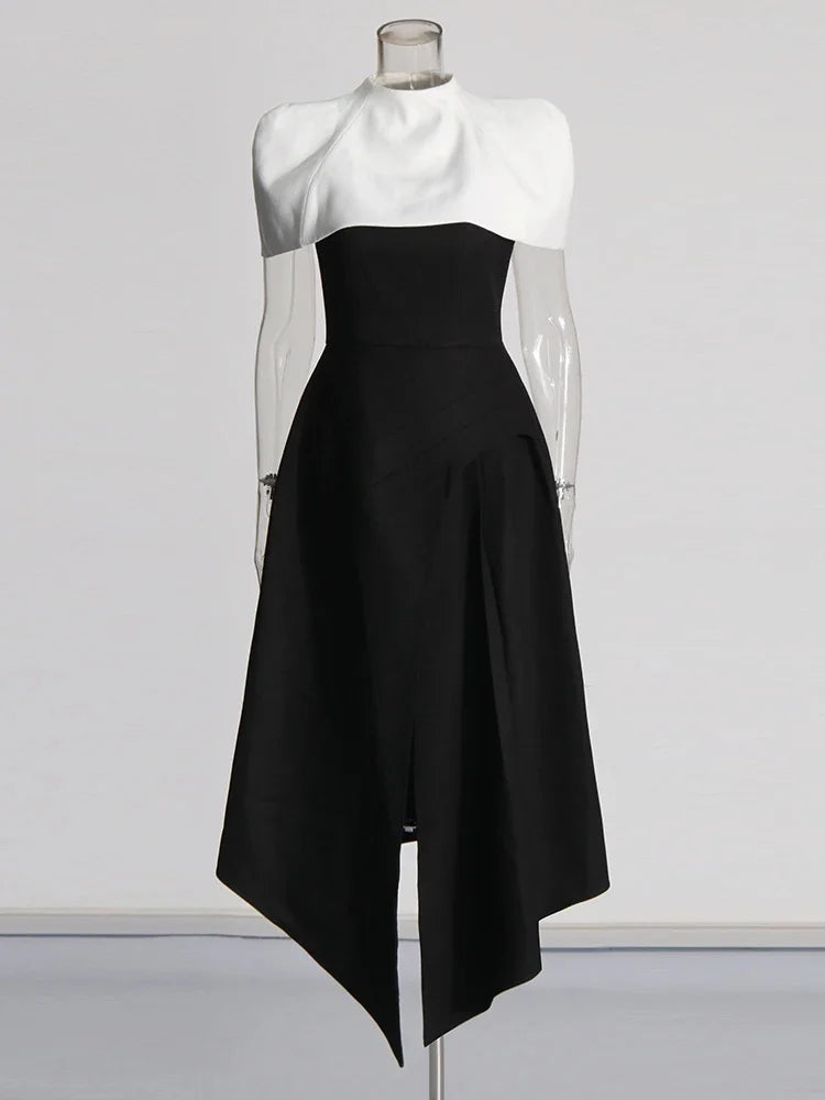 Vestido Longo Bicolor com Decote Reto – Cintura Alta e Saia Plissada em Silhueta Escultural