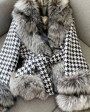 Casaco com Manga e gola de Pelo Pied-de-Poule