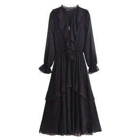 Vestido Elegante com Decote V – Babados, Manga Longa Lanterna e Detalhe em Renda com Laço