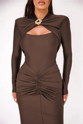 Vestido Maxi Sexy com Fivela de Metal