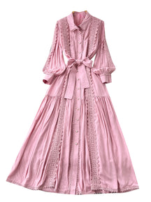 Vestido Longo com Renda e Botões Frontais – Modelagem A-line e Cintura Ajustável