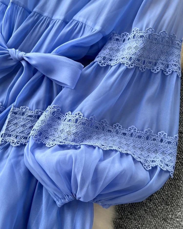 Vestido Renda Longo com Manga Bufante – Renda Delicada e Faixa Ajustável