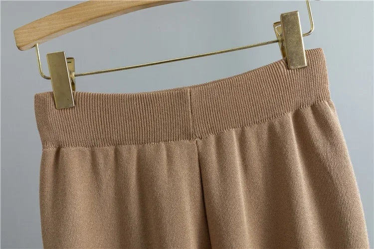 Conjunto Feminino 3 Peças de Tricô – Colete, Cardigan Longo e Calça Pantalona