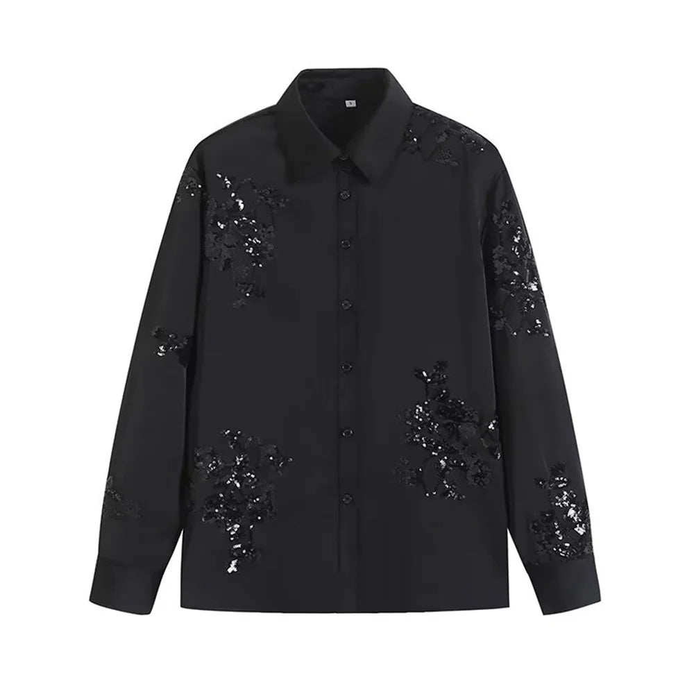 Conjunto de Camisa Bordada à Mão com Paetês e Calça de Cetim – Sofisticação em Cada Detalhe
