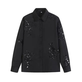 Conjunto de Camisa Bordada à Mão com Paetês e Calça de Cetim – Sofisticação em Cada Detalhe