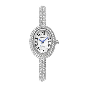 Relógio Feminino Bracelete – Estilo Luxo, Quartzo, Mostrador Oval Dourado/Prateado com Detalhes em Diamante, Fashion e Elegante