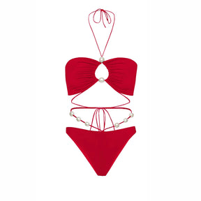 Conjunto Luxuoso com Pérolas – Biquíni Halter 3 Peças com Saída Ombro a Ombro