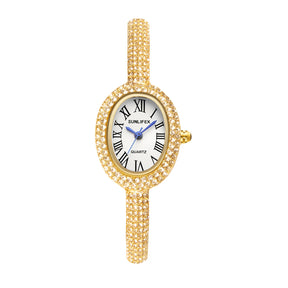 Relógio Feminino Bracelete – Estilo Luxo, Quartzo, Mostrador Oval Dourado/Prateado com Detalhes em Diamante, Fashion e Elegante