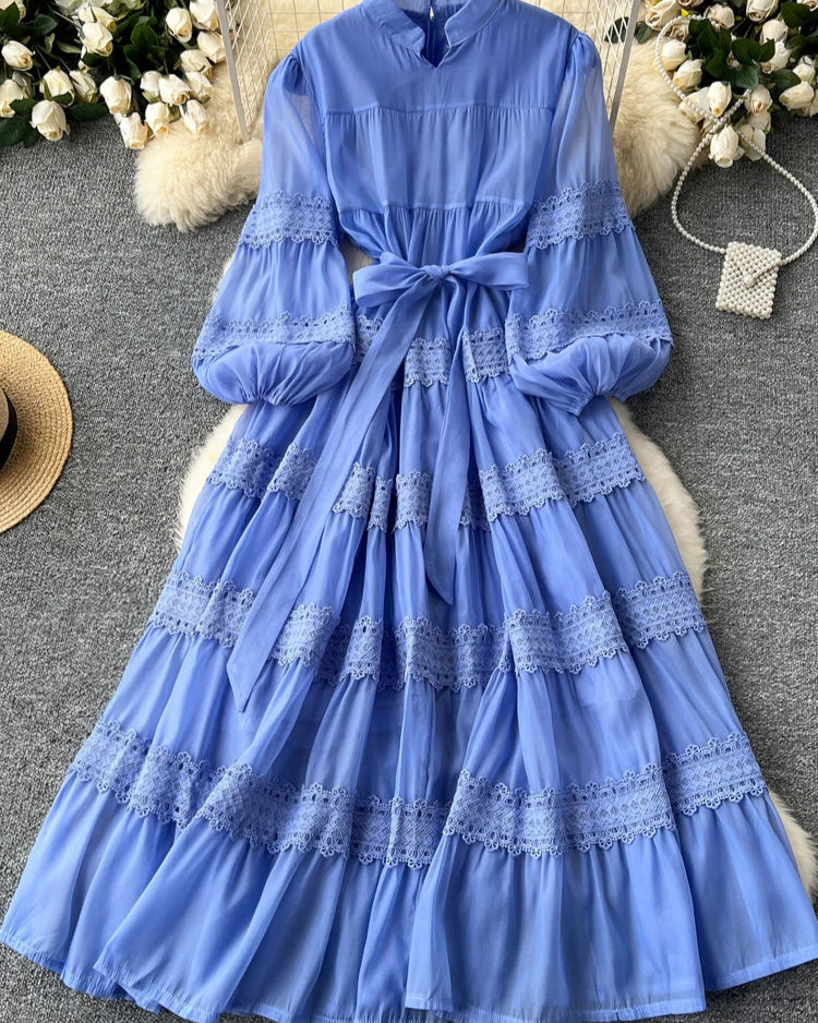 Vestido Renda Longo com Manga Bufante – Renda Delicada e Faixa Ajustável