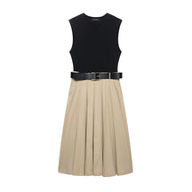 Vestido com Cinto + Saia Midi Plissada, Cintura Alta, Decote Redondo