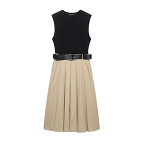 Vestido com Cinto + Saia Midi Plissada, Cintura Alta, Decote Redondo