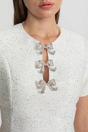 Vestido A-Linha com Laço e Pedrarias Bordadas à Mão – Elegância e Sofisticação