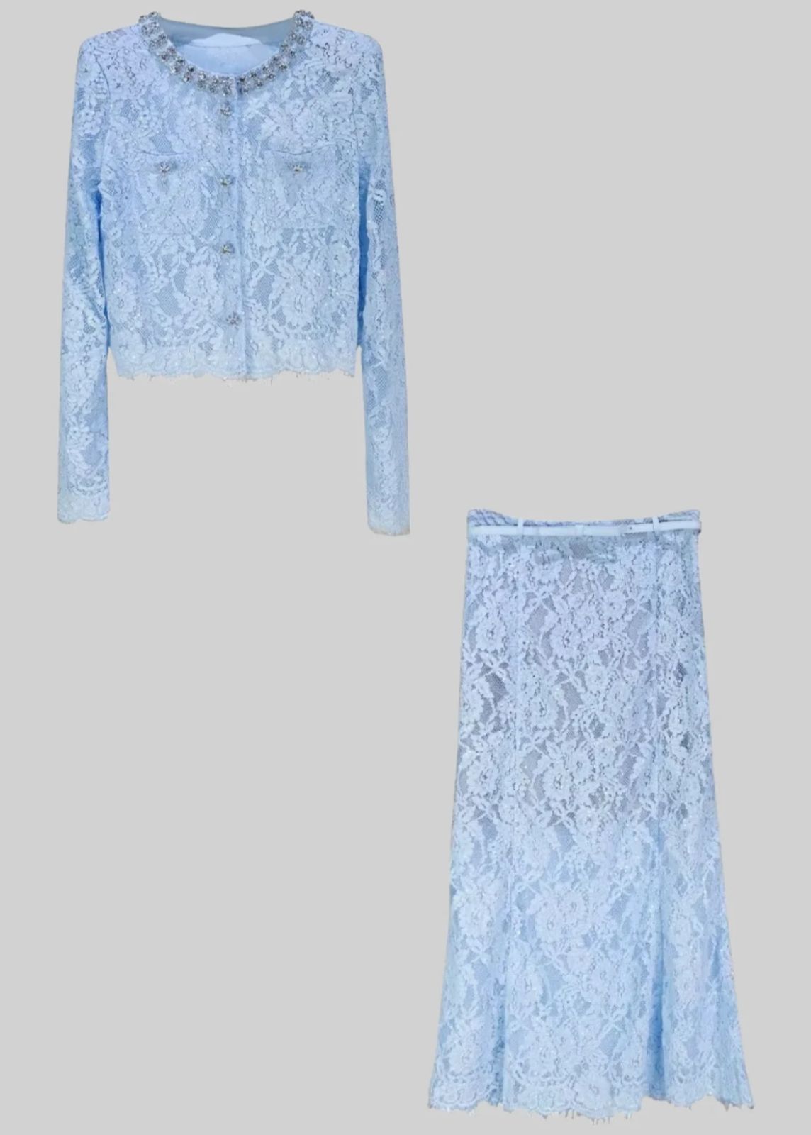 Conjunto Renda com Design Elegante – Blusa Bordada à Mão e Saia em Linha A